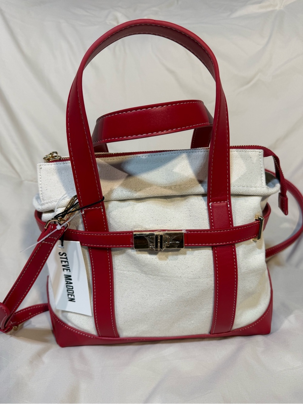 Steve Madden Red and Cream Canvas Satchel